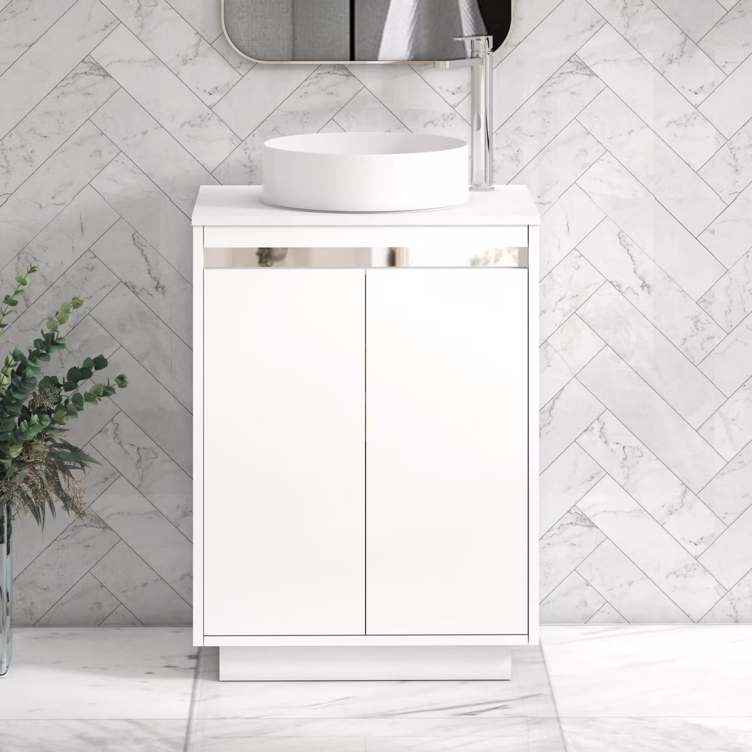 Royal Bathrooms Orion 2 Door Matt White Floor Standing Vanity Unit with Plain White Stone Countertop Basin
