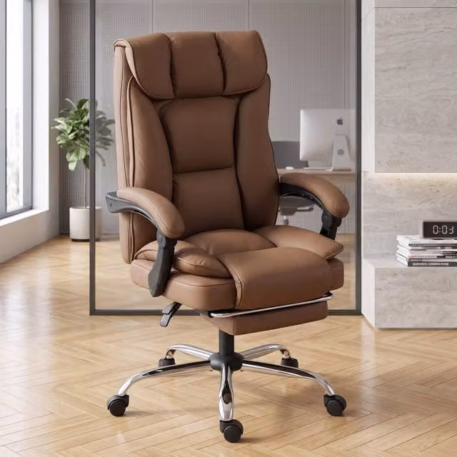 ERGOVEXA Brown Faux Leather Executive Swivel Office Chair with 155 Degree Recline and Headrest