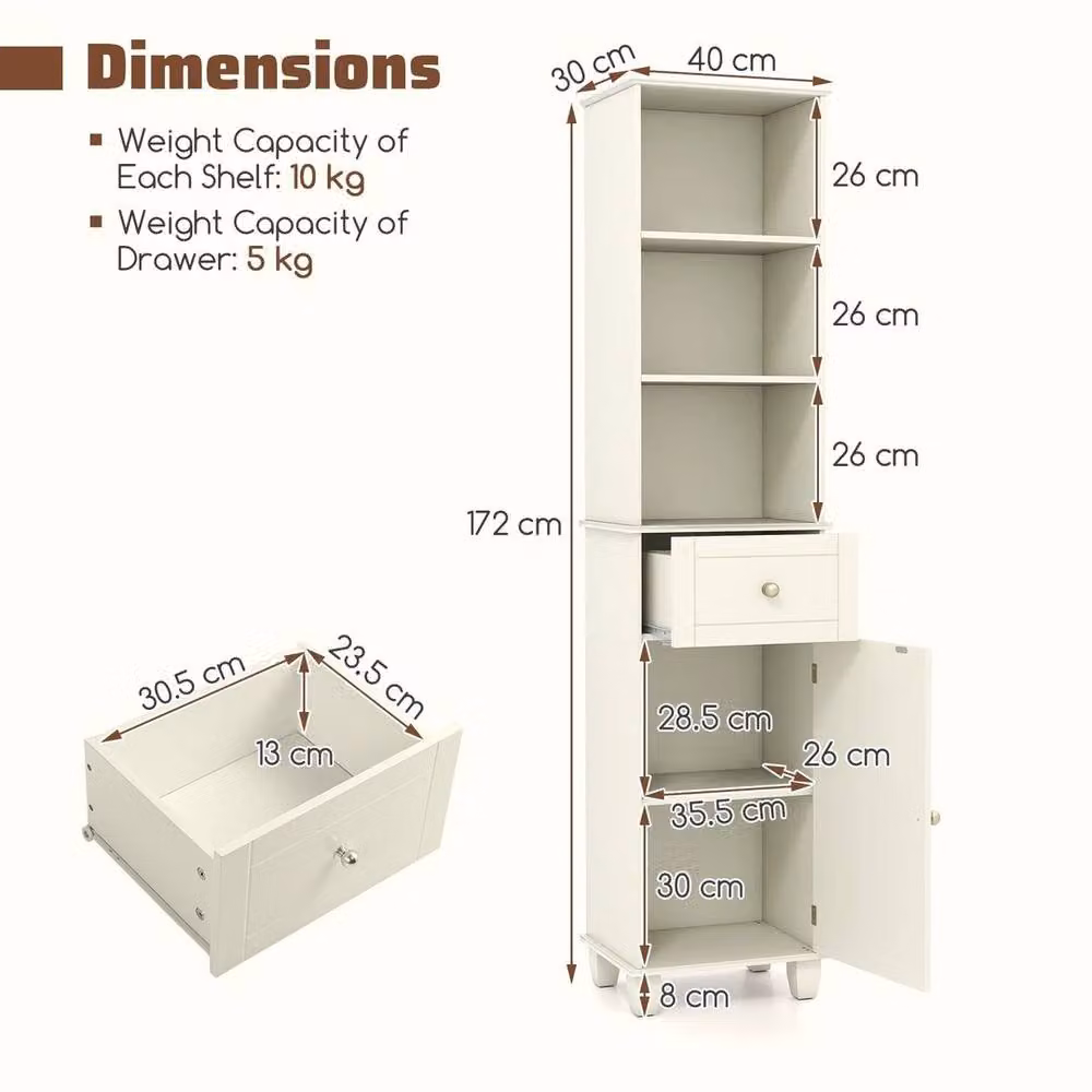 KORVIXA Freestanding White Bathroom Cabinet with Internal Shelves and Hinged Doors, Height: 172 cm – 2