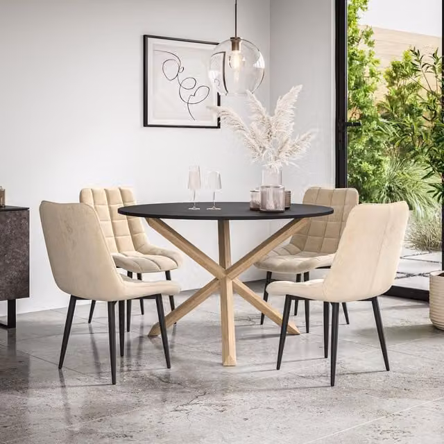 More4Homes Malvern Round Dining Table and Set of 4 Nova Velvet Chairs, Black Table Top with Solid Oak Legs and Beige Chairs, Diameter: 120 cm, Height: 75 cm – 1