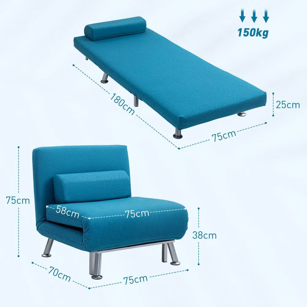 STILVORA 3-in-1 Blue Fabric Chair Bed with Five-Position Back and Metal Frame – 3