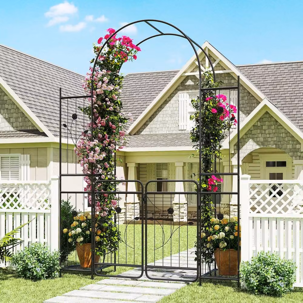 Costway Metal Garden Archway with Lockable Gate and Trellis in Black, Height: 220 cm – 2