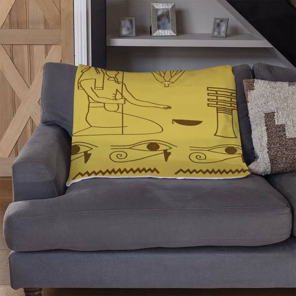 Benjamin Tate Design Pattern Of Egyptian Hieroglyphics Fleece Blanket in Yellow and Beige, W/D/H: 120 x 150 cm – 3