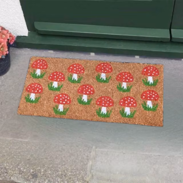 Garden Mile Natural Coir Outdoor Door Mat in Mushroom with Brown, Red and White Graphic Design