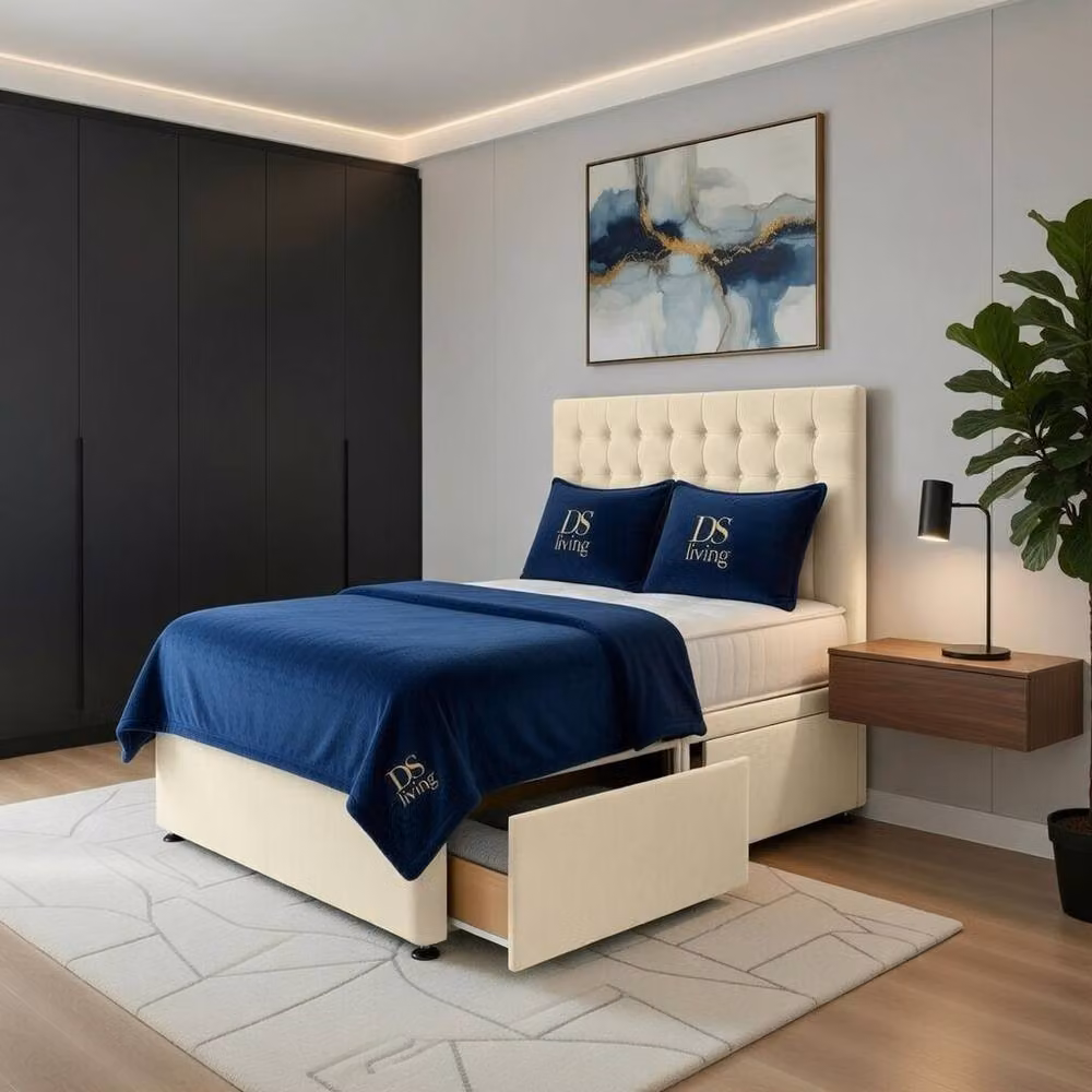 DS Living Casia Modern Upholstered Single Bed with Drawers in Cream Velvet Fabric, W/D/H: 90 x 200 cm – 2