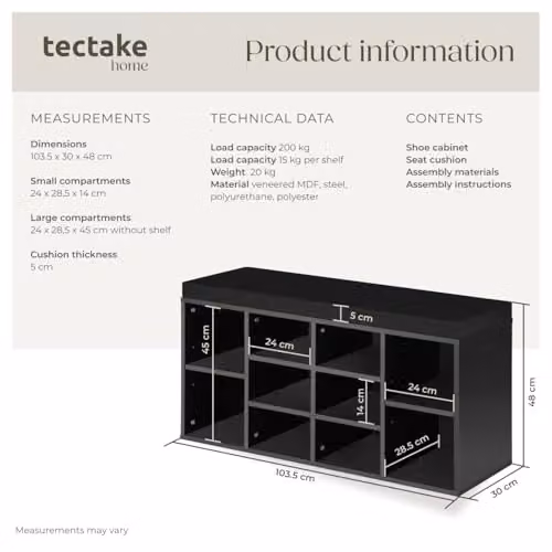 tectake Shoe Rack Max in Black with Adjustable Shelves and Fabric Seat Cushion – 3