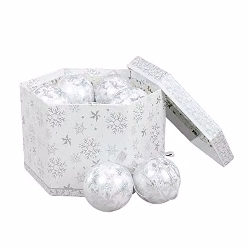 The Christmas Workshop Set of 14 White and Silver Snowflake Glass Christmas Baubles, Diameter: 7.5 cm