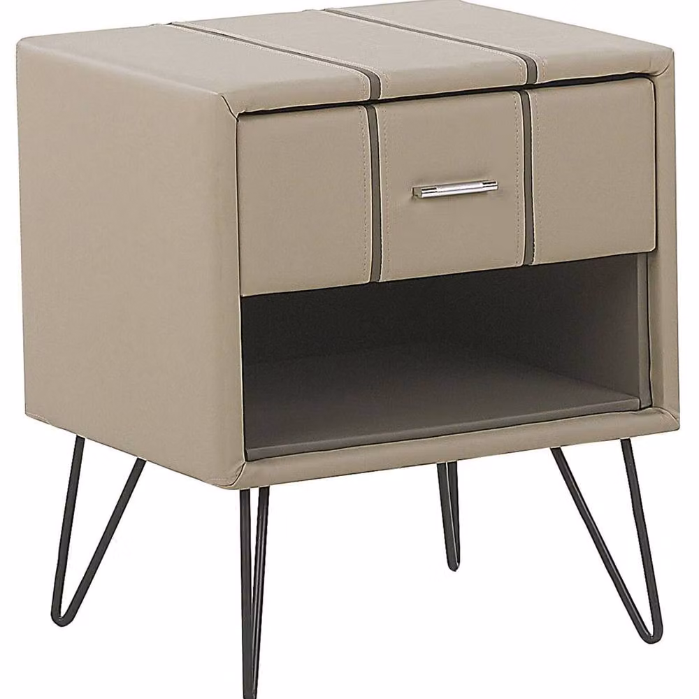 Wyld and Coco Beige Faux Leather Bedside Table with Hairpin Legs – 2
