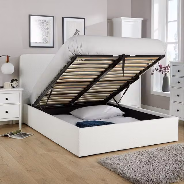 Home Source Serenity Ottoman Gas Lift Boucle Upholstered Storage Bed Frame in Beige and White, W/D/H: 180 x 200 cm