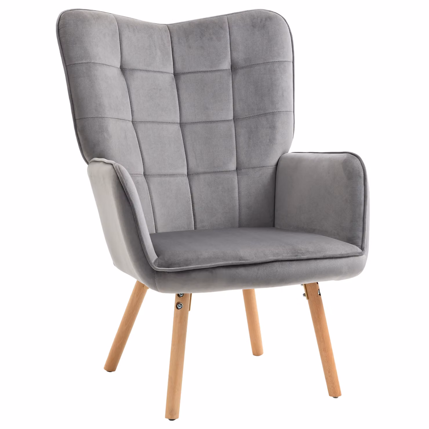 HOMCOM Mid-Century Modern Velvet Wingback Accent Chair with Armrests and Wood Legs in Grey – 2