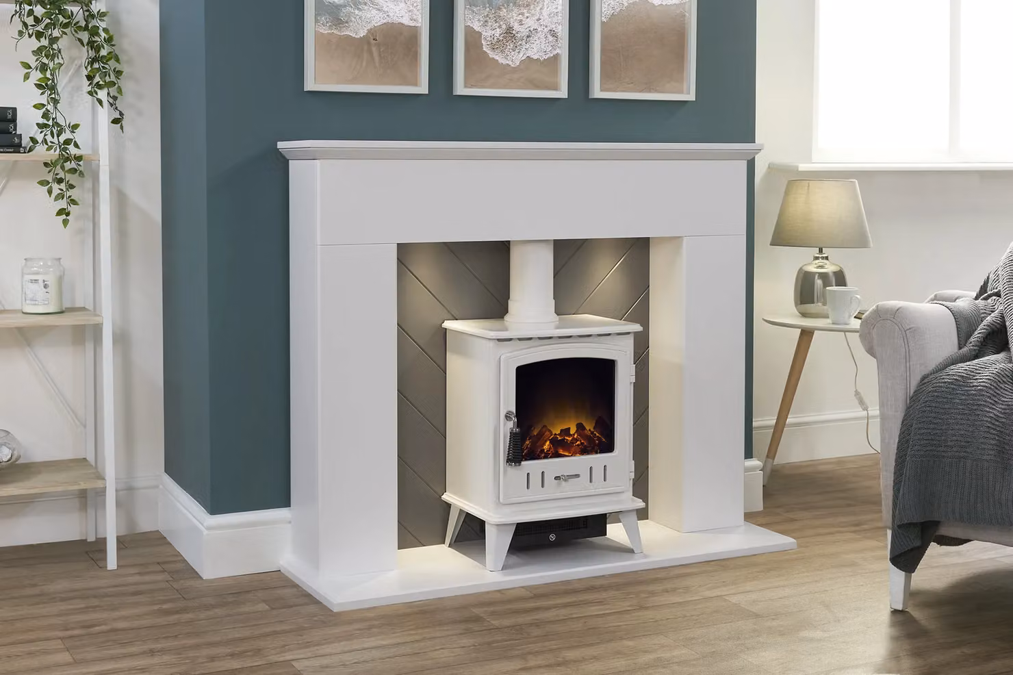 Adam Fires & Fireplaces Corinth Stove Fireplace in White and Grey with Downlights and Aviemore Electric Stove in White – 2