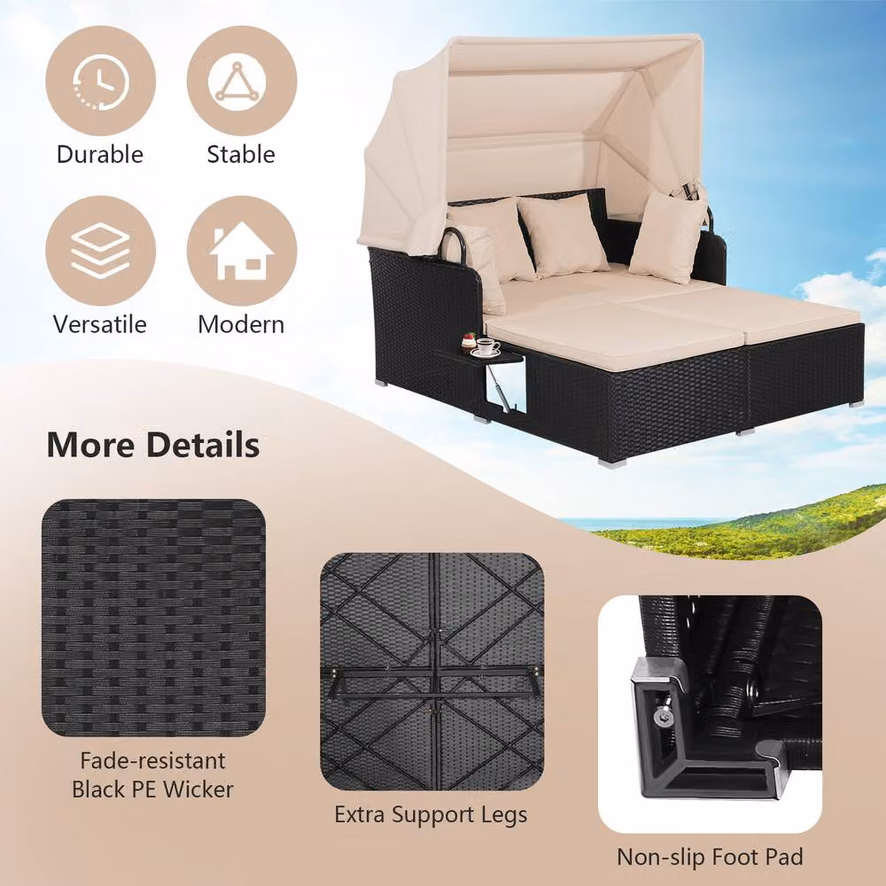 Costway Multicolour PE Rattan Wicker Patio Daybed with Retractable Canopy and Side Table – 7