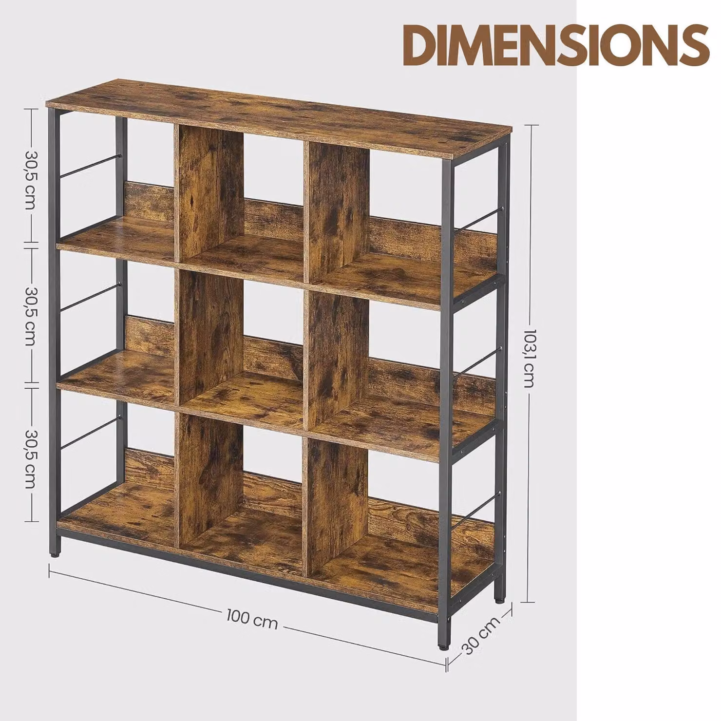 Rafaelo Mobilia 3 Tier Industrial Rustic Cube Storage Shelf with 9 Compartments in Dark Brown – 4