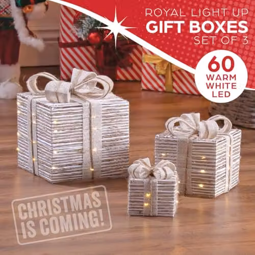 The Christmas Workshop Light-Up Gift Boxes, Set of 3, White and Beige with Warm White LED Lights and Timer Function, Battery Powered, W/D/H: 22.0 x 20.0 x 20.0 cm – 3