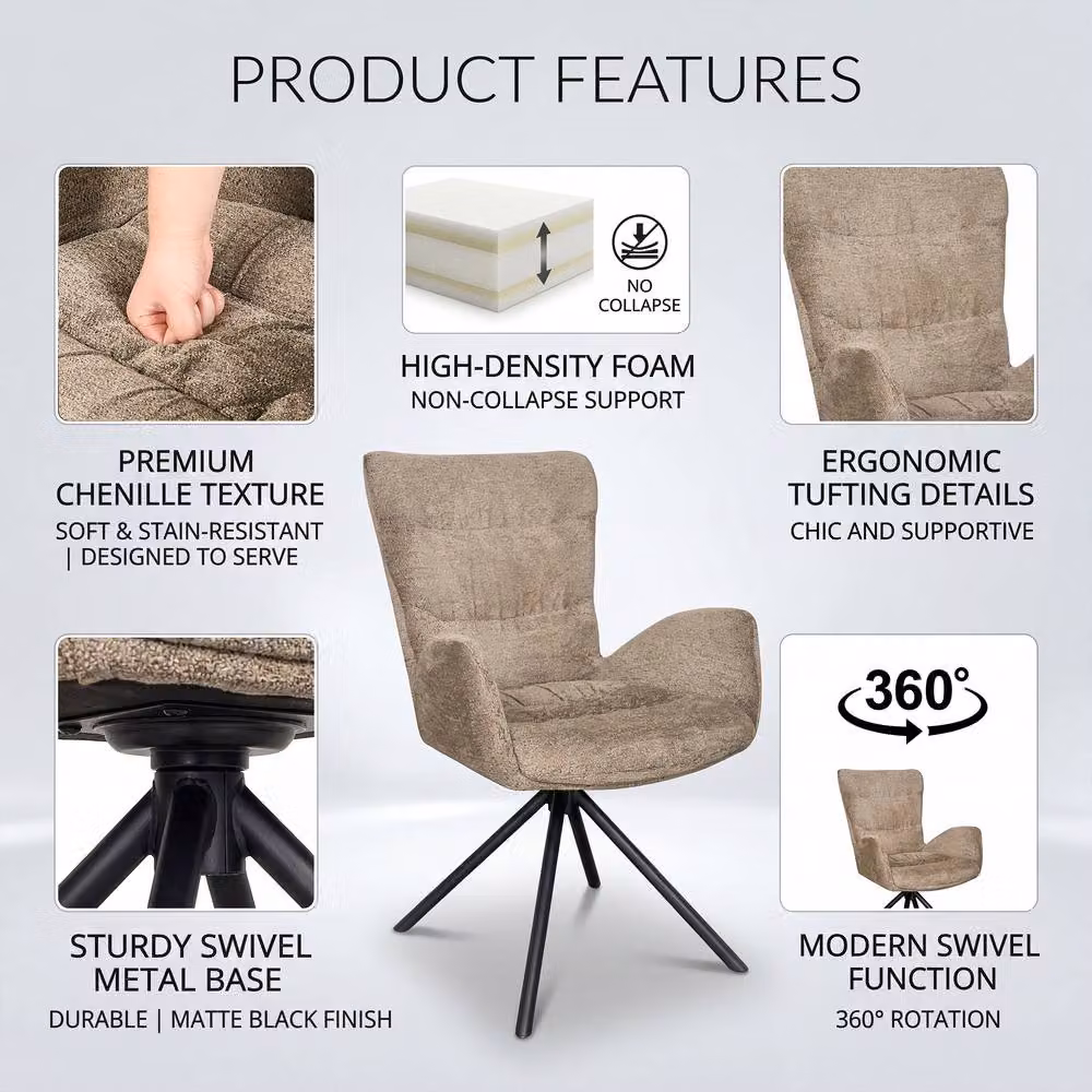 SONARA Set of 2 Luxury Brown Chenille Swivel Accent Chairs for Living Room or Home Office – 4