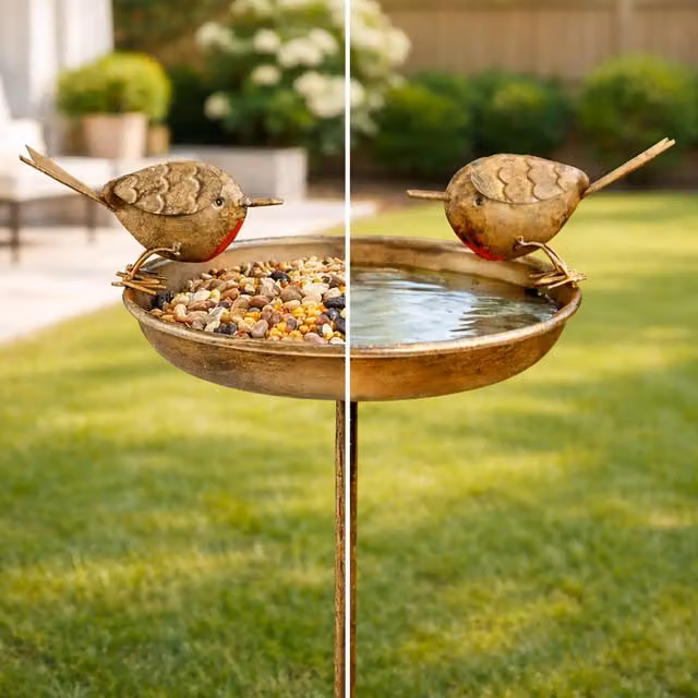 Garden Mile Brown Metal Robin Bird Bath Feeder Stake
