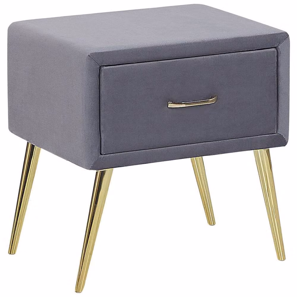Wyld and Coco Grey Velvet Bedside Table with 1 Drawer and Gold-Toned Metal Legs – 2