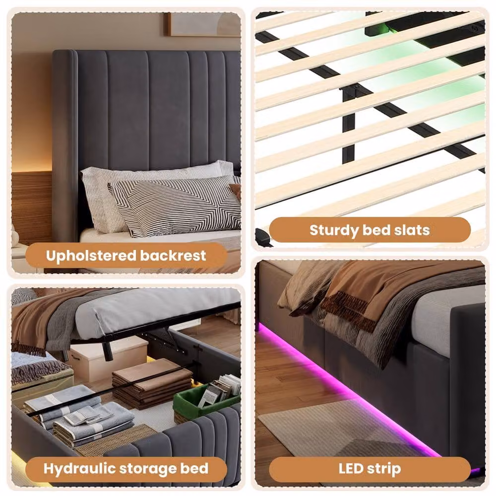 Rolipo Double Ottoman Bed in Grey Velvet with LED Under-Bed Lighting – 3