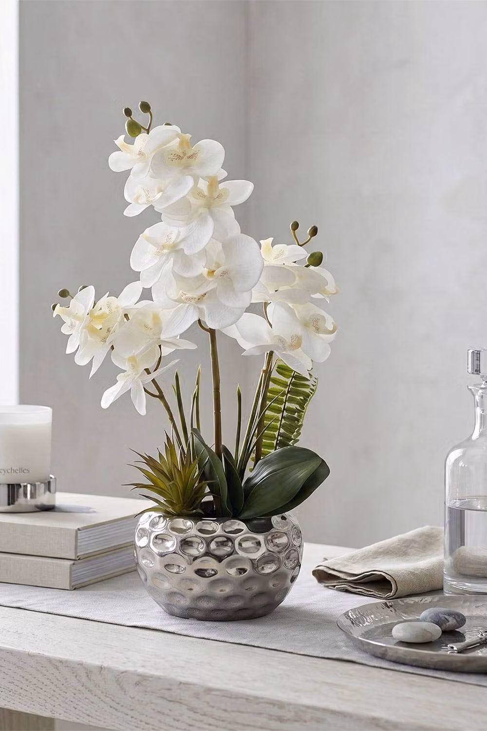 Homescapes Artificial White Orchid in a Silver Dappled Ceramic Pot – 2