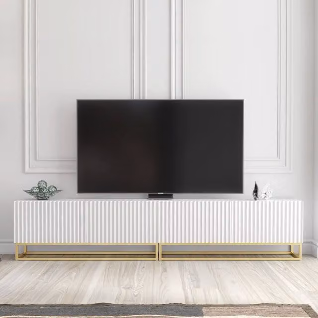 Mex Furniture LTD Ripple Duo TV Unit in White with Gold Fluted Doors, W: 200 cm, H: 45 cm, D: 35 cm