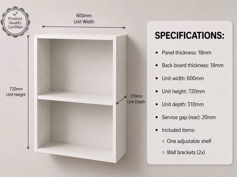 Cheap Furniture Warehouse White Matt Kitchen Wall Unit with Internal Shelves and Open Shelf Doors, W/D/H: 60.0 x 31.8 x 72.0 cm