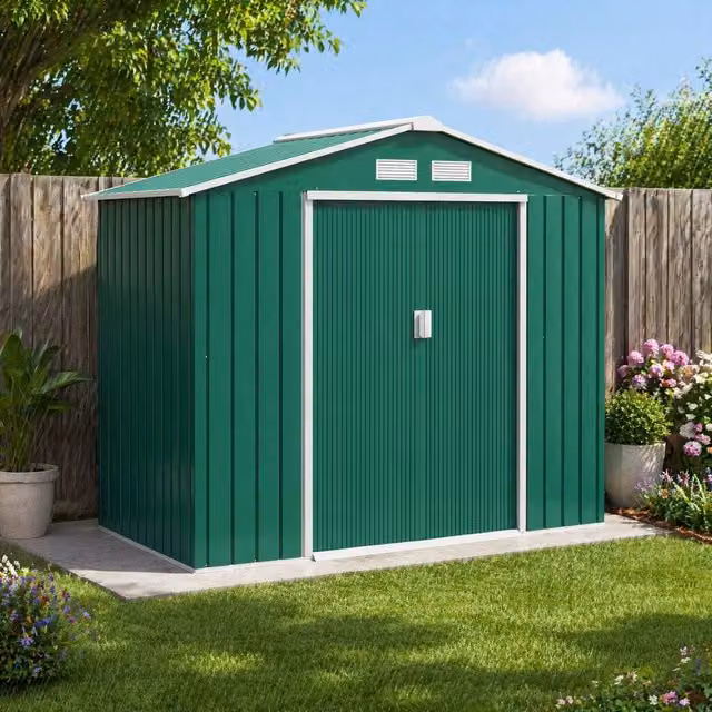 STILVORA Green Steel Pent Garden Shed with Lockable Double Doors, W/D/H: 213.36 x 121.92 x 185.0 cm – 1