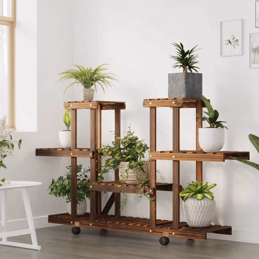 Berkfield Home Brown Solid Wood Fir Flower Stand with Wheels, W/D/H: 110 x 25 x 78 cm – 3