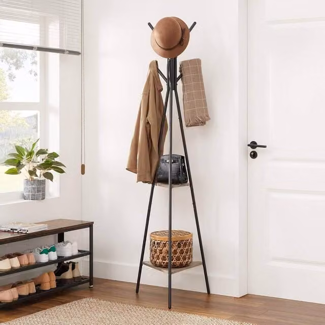 The Bazaarist Industrial Freestanding Coat Rack with Shelves in Grey and Black