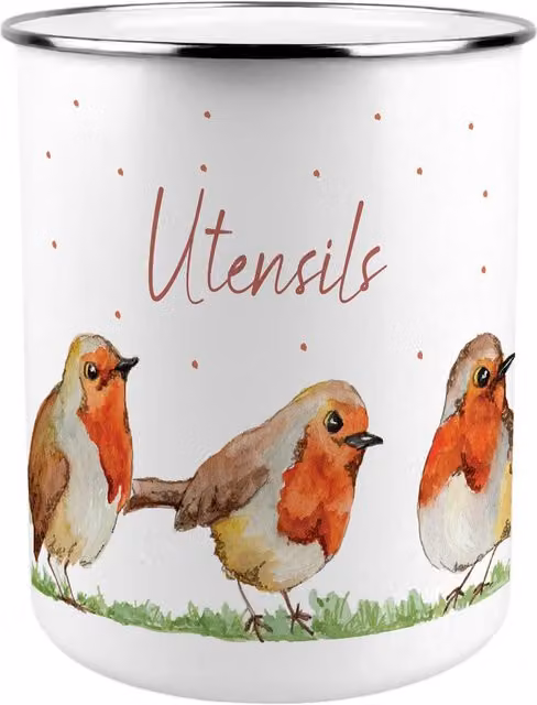 Purely Home English Robins Kitchen Utensil Holder in Multicolour and White Metal