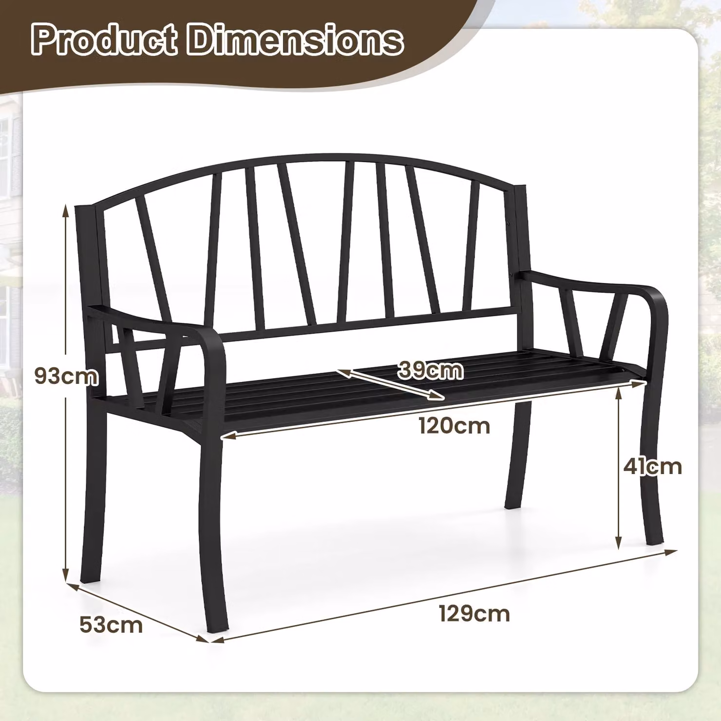 Costway Metal Garden Bench in Black for 2-3 People, Width: 129 cm – 2
