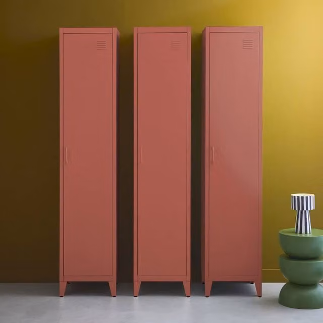 sweeek Set of 3 Metal Lockers in Orange with 4 Storage Compartments and Hinged Doors