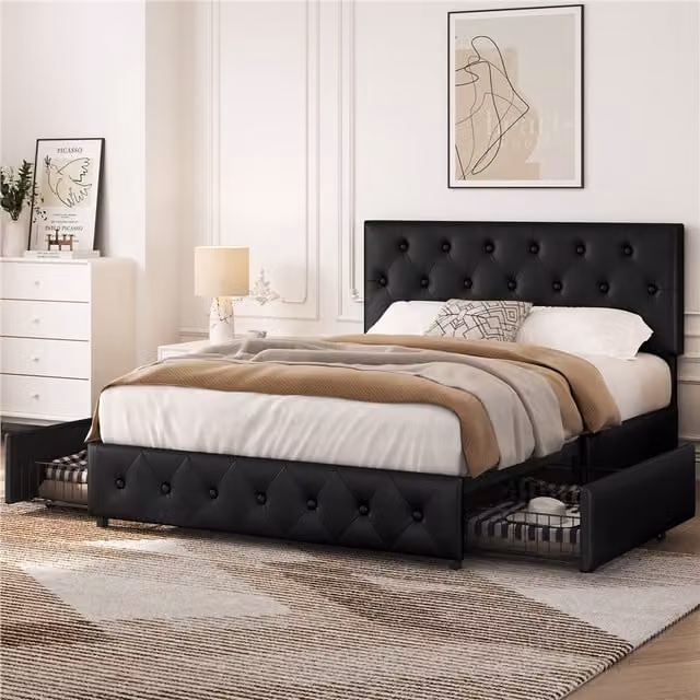 Yaheetech Modern Faux Leather Upholstered Bed Frame with 2 Drawers in Black, 140 x 200 cm