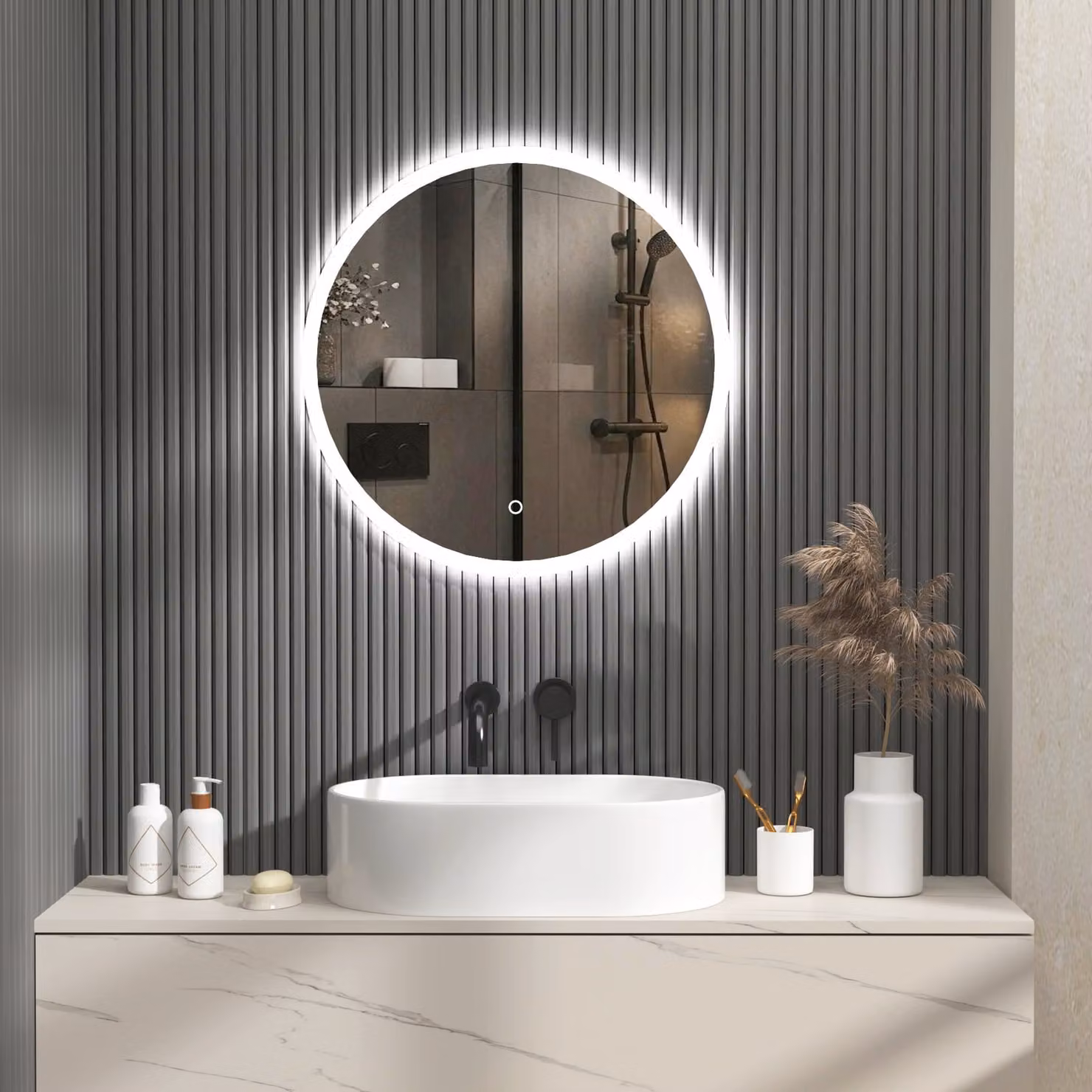 Royal Bathrooms Enso Round Frameless LED Illuminated Mirror in Silver with Demister Pad and Touch Sensor, W: 60 cm, H: 60 cm