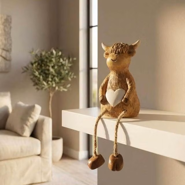 Garden Greatness Highland Cow Heart Ceramic Shelf Sitter in White, Brown and Multicolour – 1