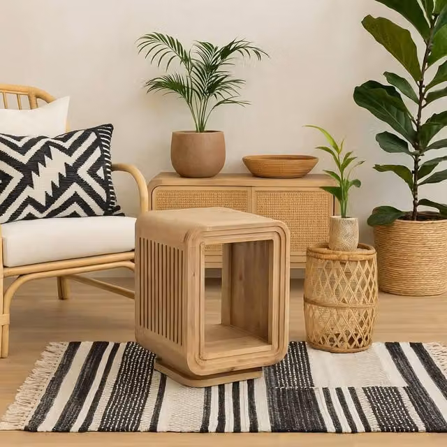 Wyld Haus Arizona Carved Mango Wood Open Bedside Table in Brown, W/D/H: 40 x 40 x 60 cm – 1