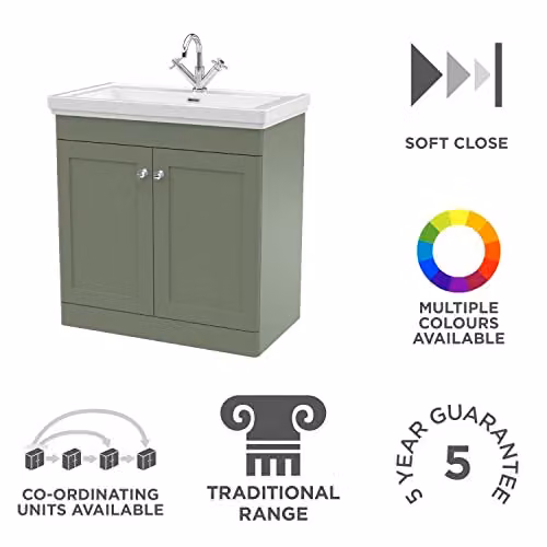 nuie Classique CLC826A Traditional 2 Door Floor Standing Bathroom Vanity Unit with Fireclay Basin, Satin Green – 2