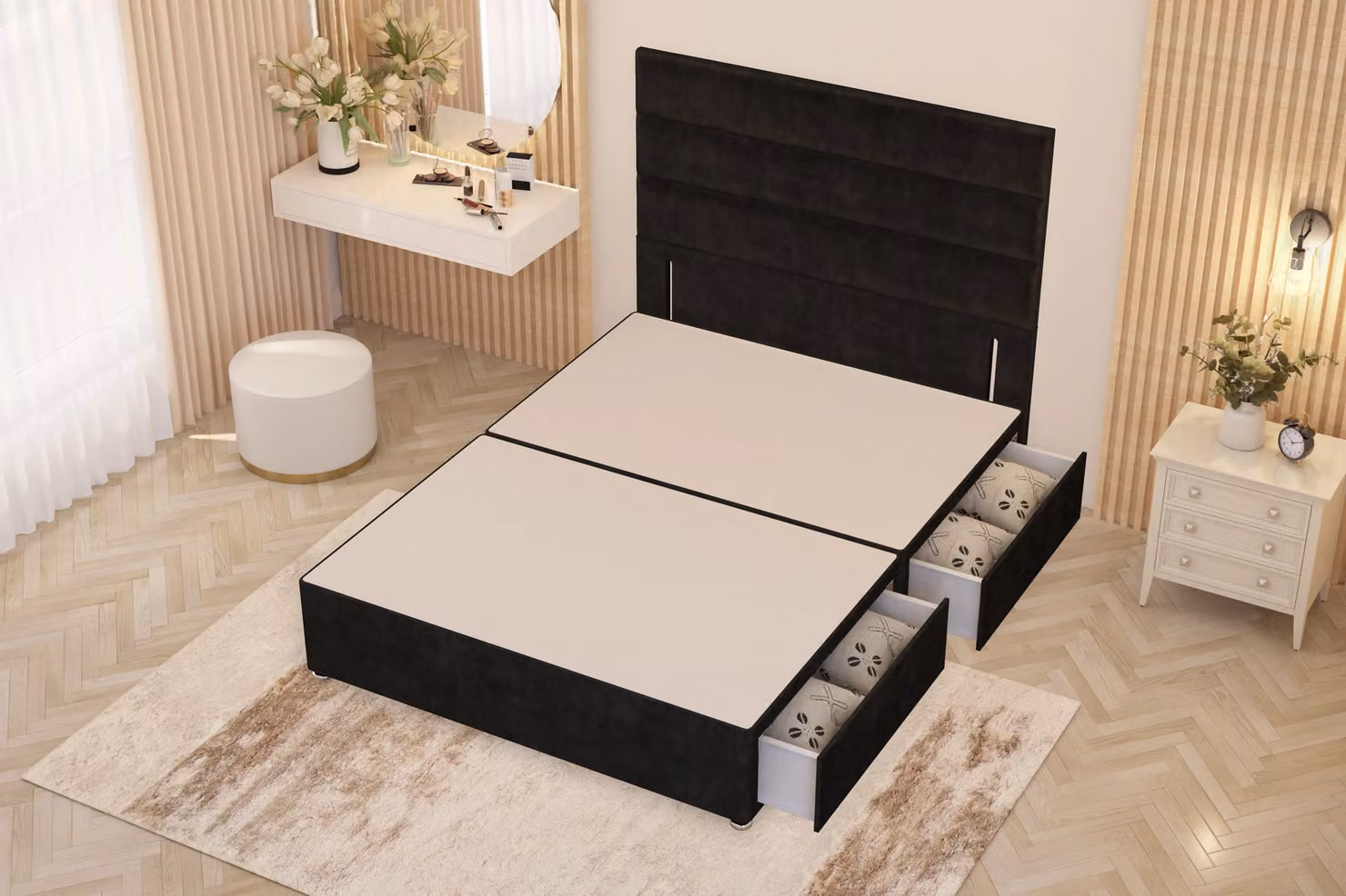 Somnior Chambery Small Double Divan Bed Frame with 2 Drawers and Floor Standing Headboard in Black Velvet, W: 120 cm, D: 200 cm – 2