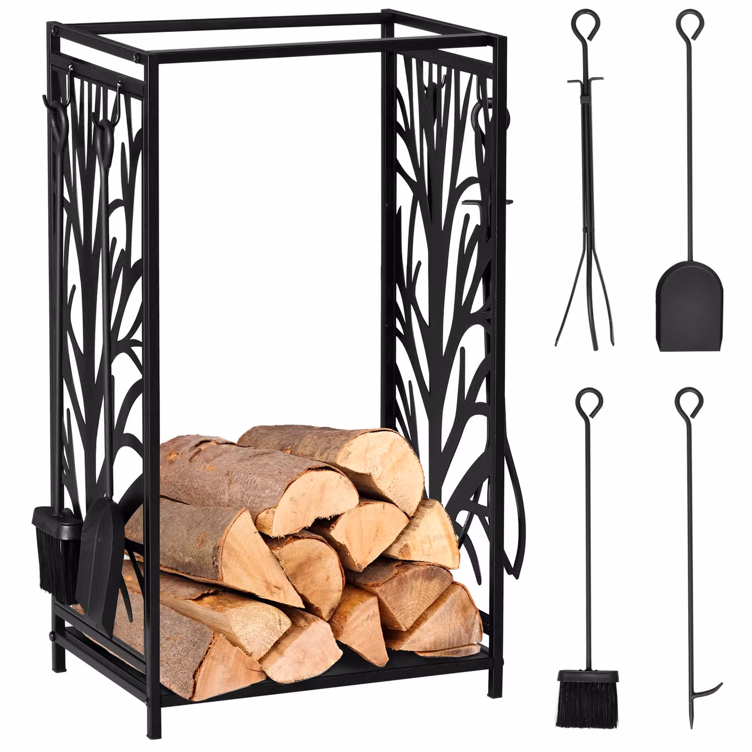 HOMCOM Heavy Duty Steel Firewood Log Rack and Wood Storage Holder with 4 Tools in Black – 2