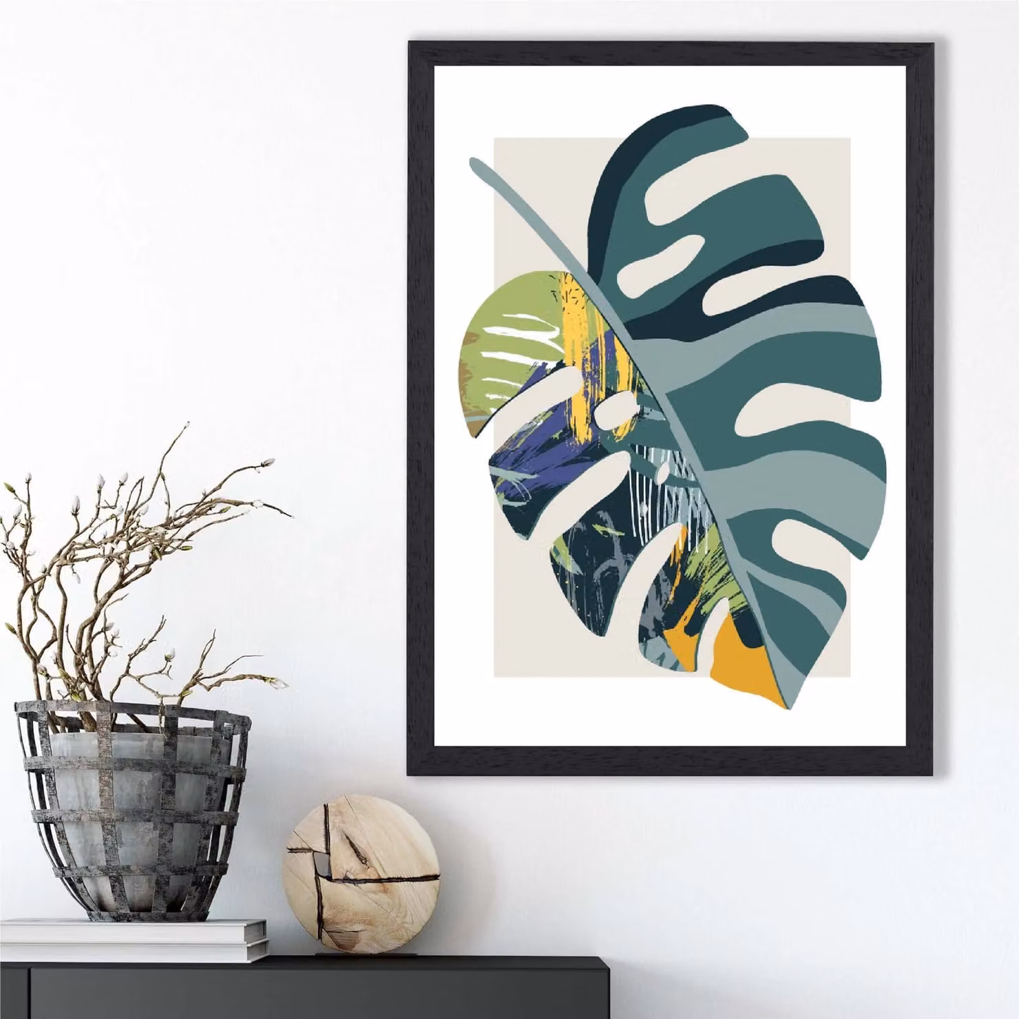 ARTZE Monstera Mid Century Modern Botanical Framed Print in Petrol, Green and Purple – 2