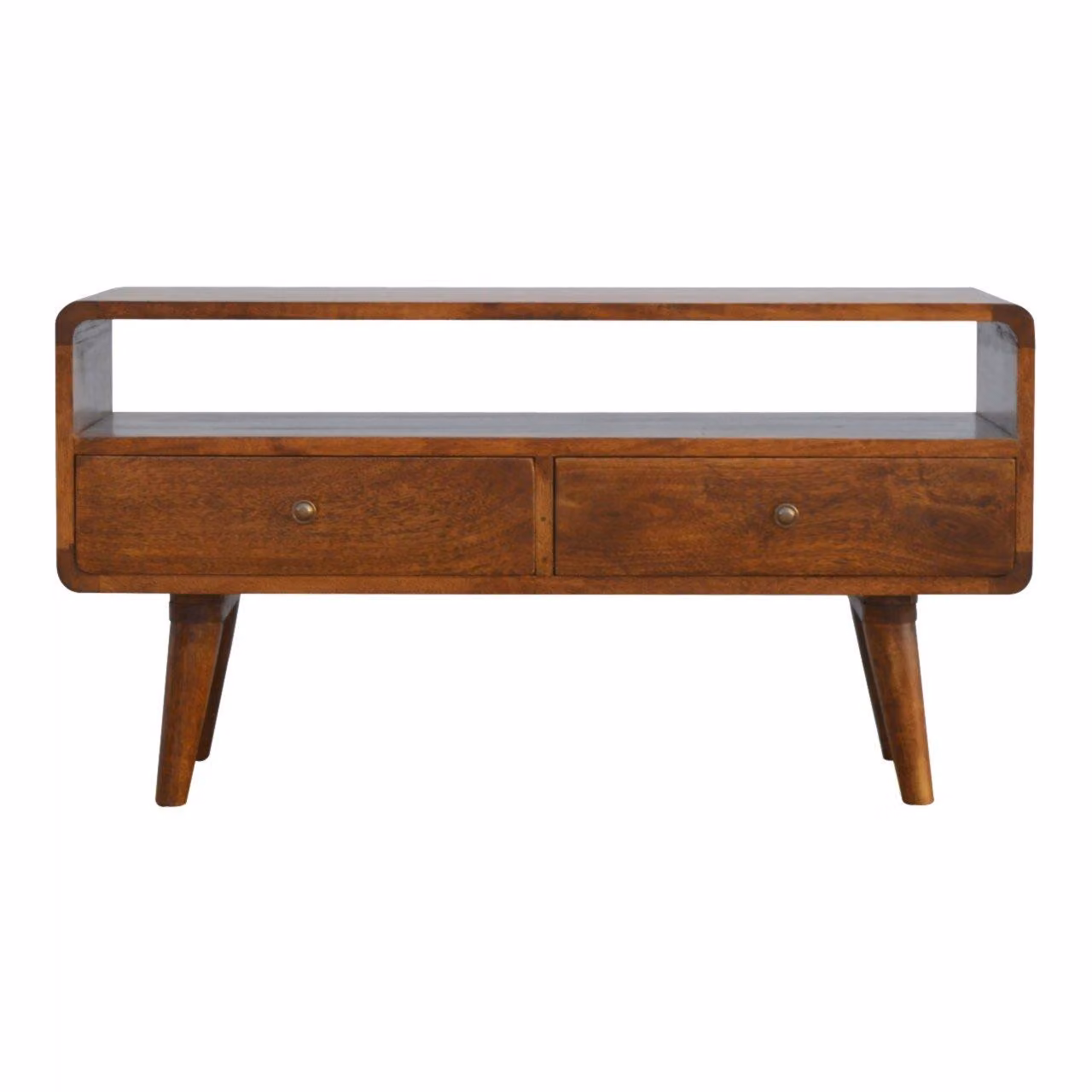 Aosom UK Solid Mango Wood Curved Media Unit in Brown with 2 Drawers and Open Shelf, W/D/H: 90 x 35 x 47 cm – 2