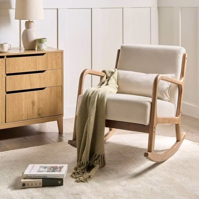 Wyld and Coco Heritage Rocking Chair in Beige Fabric with Rubberwood Legs and Armrests