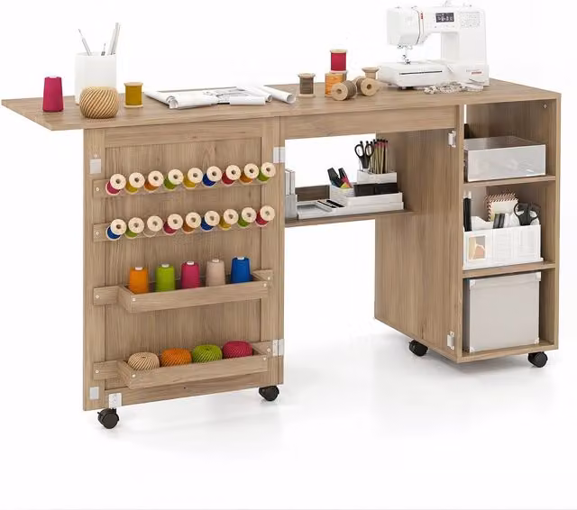 Costway Folding Sewing Table and Rolling Craft Station with 18 Pegs in Brown – 1