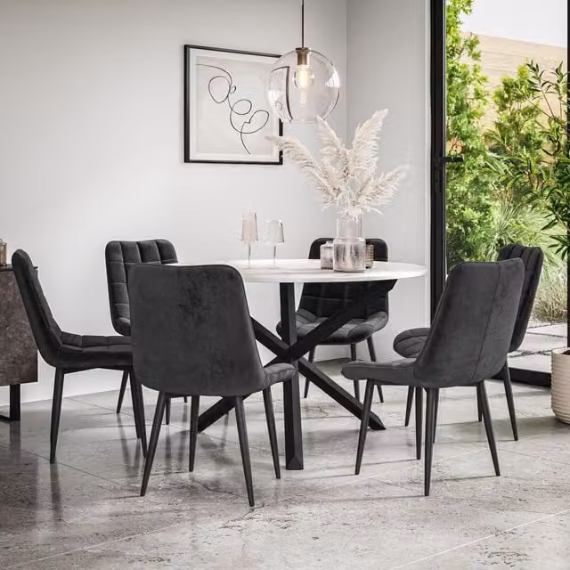 More4Homes Malvern Round Dining Table and 6 Nova Velvet Chairs Set with Marble Top and Black Oak Legs, Diameter: 120 cm, Height: 75 cm – 1