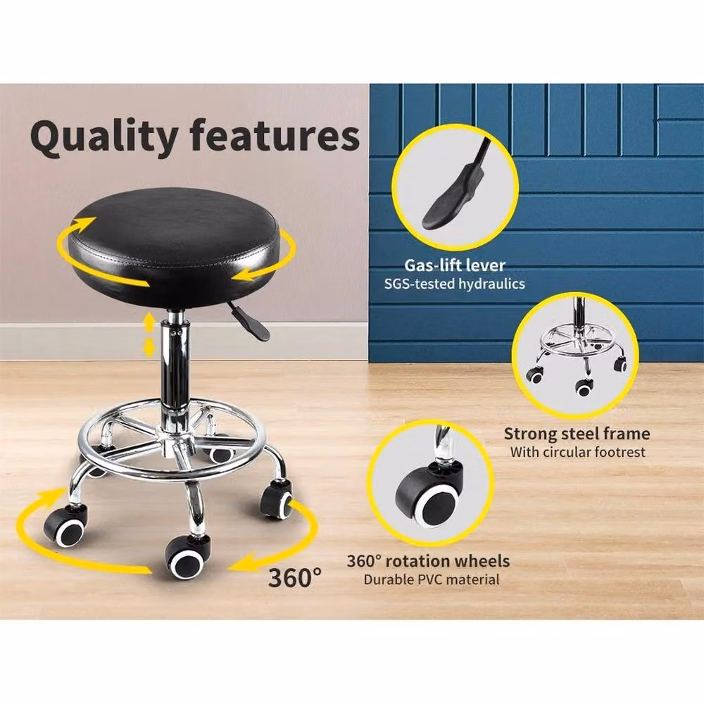 VOGREX Black Hydraulic Swivel Salon Stool with Synthetic Leather and Castors – 3