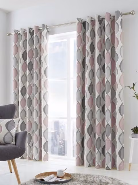 Fusion Lennox Modern Geometric Print Eyelet Curtains in Pink and Grey, Width: 168 cm, Height: 229 cm – 1