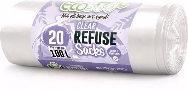 ECOBAG 20 Pack Heavy Duty Black Refuse Sacks, 100L, 22 Microns, Leak Resistant