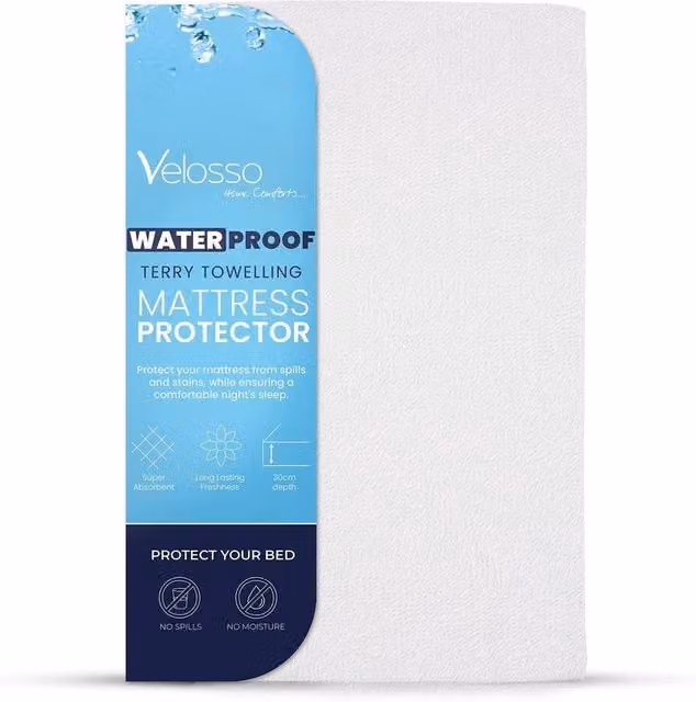 Velosso Waterproof White Cotton Terry Mattress Protector, Single, W: 90 cm, L: 200 cm