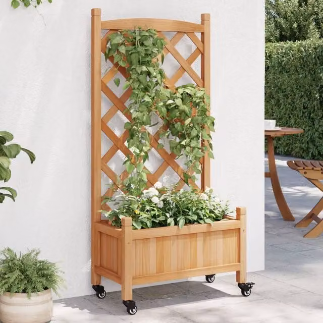 Berkfield Home Brown Solid Fir Wood Planter with Trellis and Wheels