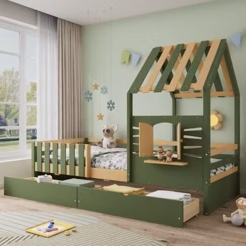 Matteo Childrens Wooden Single Bed with Two Storage Drawers in Green, W/D/H: 90 x 190 cm