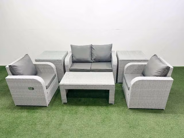 Fimous 4 Seater Grey PE Wicker Rattan Garden Furniture Set with Reclining Chairs, Oblong Coffee Table and 2 Side Tables